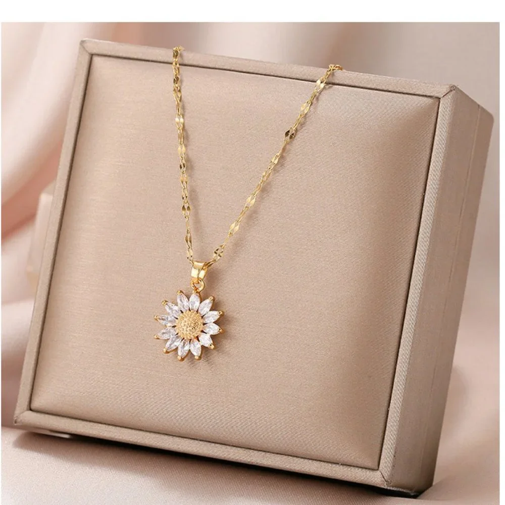 Sunflower Burst Cubic Zirconia Gold Toned Stainless Steel Necklace - Picture 1 of 5
